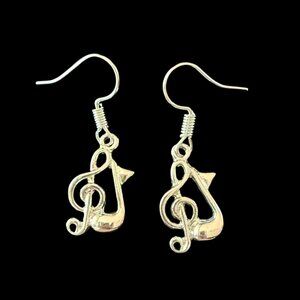 Silver Tone Treble Clef Music Note Drop Earrings with Pouch